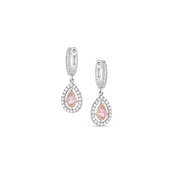 GIA fancy pink diamond earrings ringed in open halos of white diamond beauty <span class='visuallyhidden'>Call or text 323-404-2959 if you need shopping assistance.</span>
